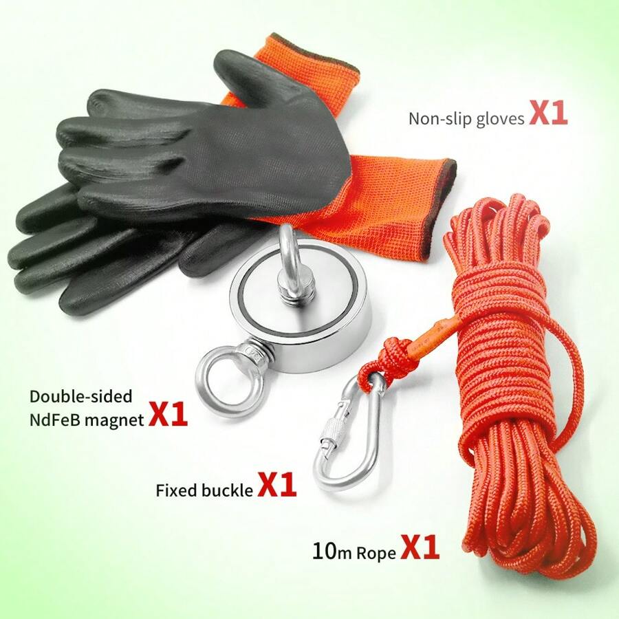 4 合 1 重型钓鱼磁铁套装（60 毫米双面磁铁 + 10 米绳 + 安全扣 + 防滑手套）、检索、寻宝、重金属回收工具 - 銀色 - 查看 1