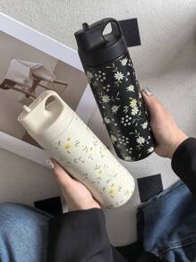 1 件 550ml/18.6oz 白色雏菊真空隔热水瓶、保温杯、翻盖吸管、旅行和户外、健身、平底、汽车杯、四季饮具、返校节礼物 - 彩色 - 查看 3