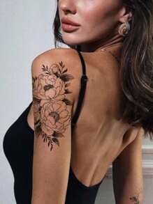 2 Sketch-Style Temporary Tattoos With Butterfly And Peony Patterns. Non-Reflective And Lifelike, Fit For Arms, Back And Spine. They Stay Vivid For 3 To 5 Days, Excellent Realistic Body Art For Daily Wearing. - Black - View 4