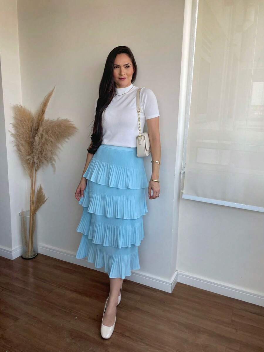 4 Layer Pleated Skirt S-1 - Baby Blue - View 1
