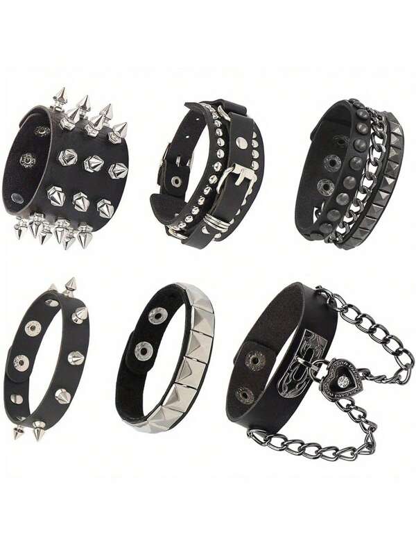 Xiacheng 1/2/6 PCs PU Leather Bracelet Punk Goth Studded Spike Rivet Buckle Wristband Cuff Bangle Black Gothic Steampunk For Men Women Unisex 80s Cool Rock Style Adjustable Party Favors