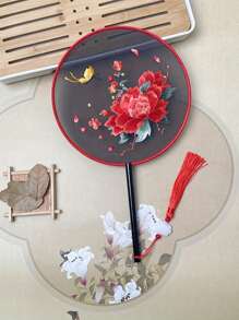 1 Stück vintage Handventilator, chinesischer runder Fächer mit Seide-Stickerei, Kranich-Blumen Heim- und Raumdekoration, Tanzfächer mit Quasten, Party-Requisiten, Weihnachts-, Valentinstags- und Neujahrgeschenk