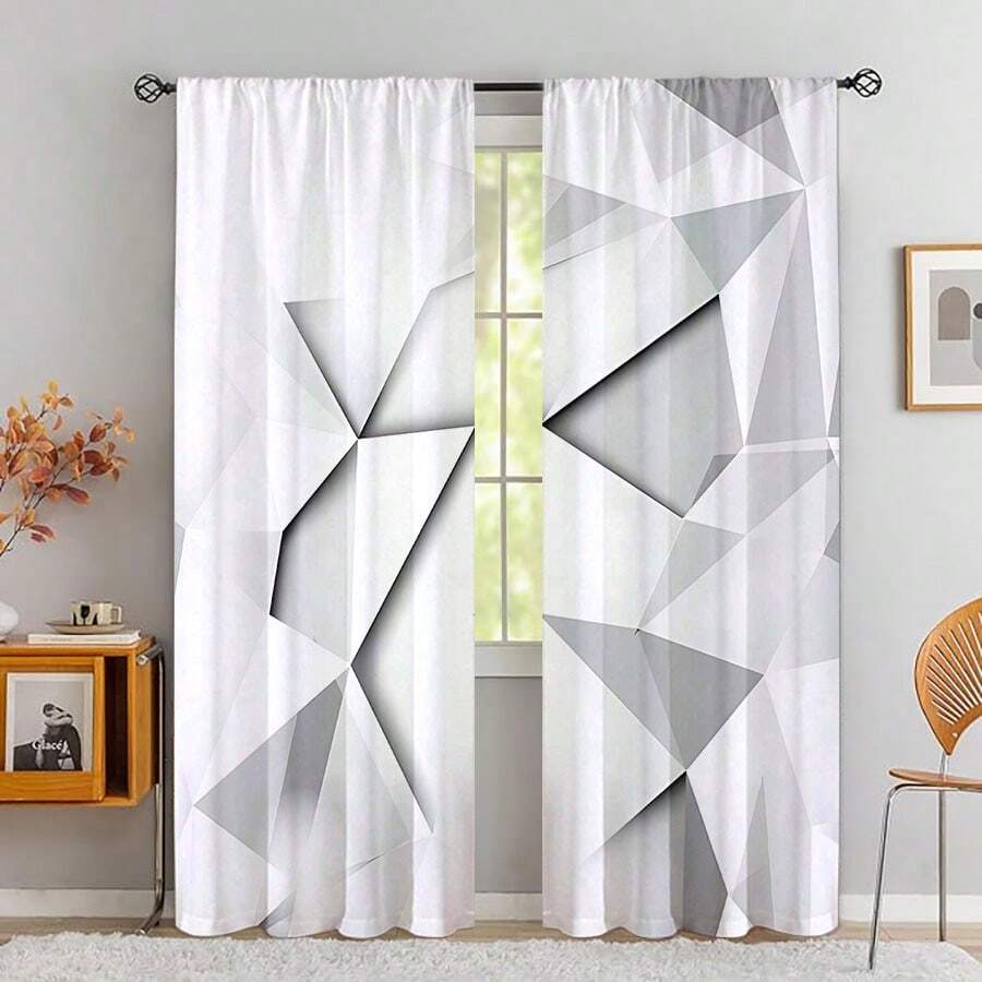 2 chiếc, Rèm cửa trong mờ in họa tiết Argyle ba chiều màu xám và trắng, rèm cửa trang trí nhiều cảnh bằng polyester dạng thanh treo cho phòng khách, phòng chơi game, phòng ngủ, đồ dùng trang trí nhà cửa, đồ dùng cho tiệc - Nhiều màu - Xem 1