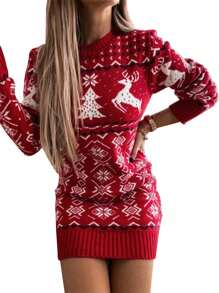 Women Christmas Jacquard Knitted Dress, Loose Fit Long Sleeve O-Neck Dress For Autumn Winter - Red - View 4