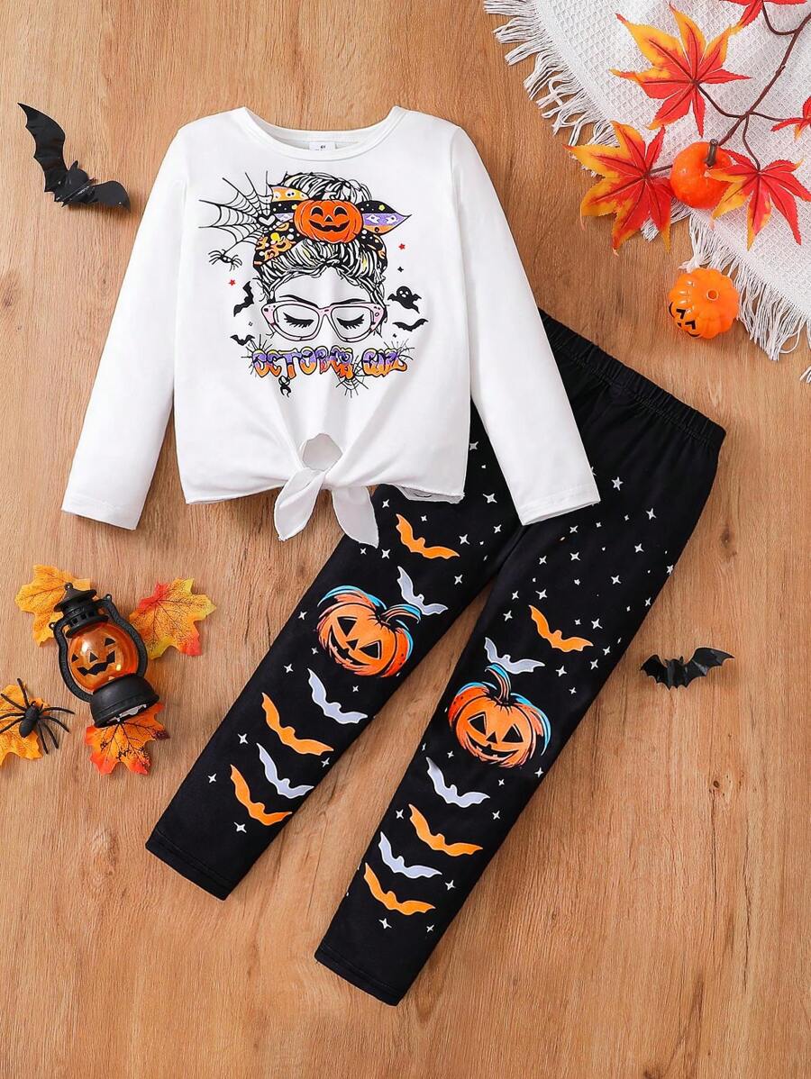 2 件套女孩万圣节主题服装，包括蜘蛛、蝙蝠、南瓜图案长袖上衣和松紧腰南瓜、蝙蝠、星星印花裤，适合女孩的时尚街头装扮，适合春秋季节