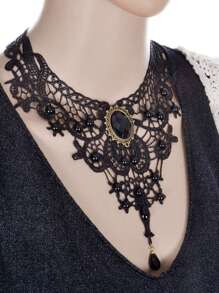 時尚蕾絲裝飾物蕾絲項鍊奢華黑色寶石首飾類朋克風格哥特式項鍊 - 黑色 - 查看 2