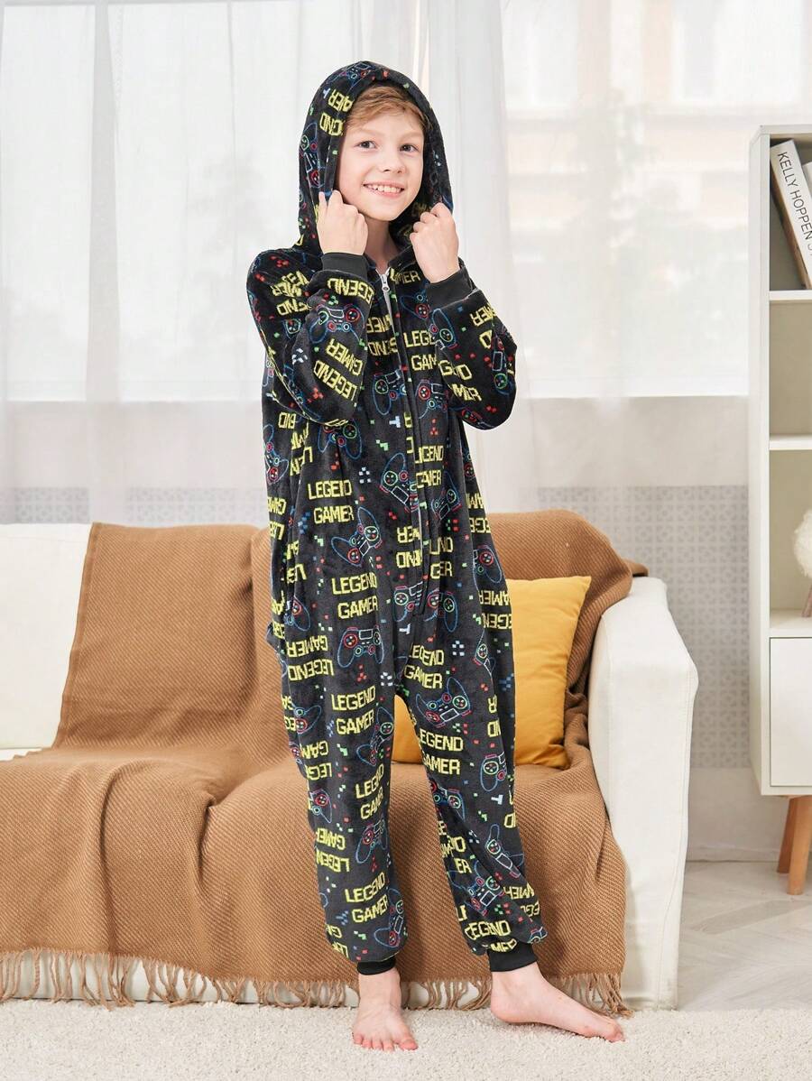 青少年男孩电子游戏图案落肩拉链前连帽衫和裤子家居服套装 - 彩色 - 查看 1