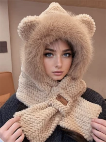 1set Women's Plush Bear Hat & Scarf Combo, Thicken Fleece Warm Earflap Hat For Winter