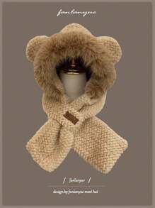 1set Women's Plush Bear Hat & Scarf Combo, Thicken Fleece Warm Earflap Hat For Winter