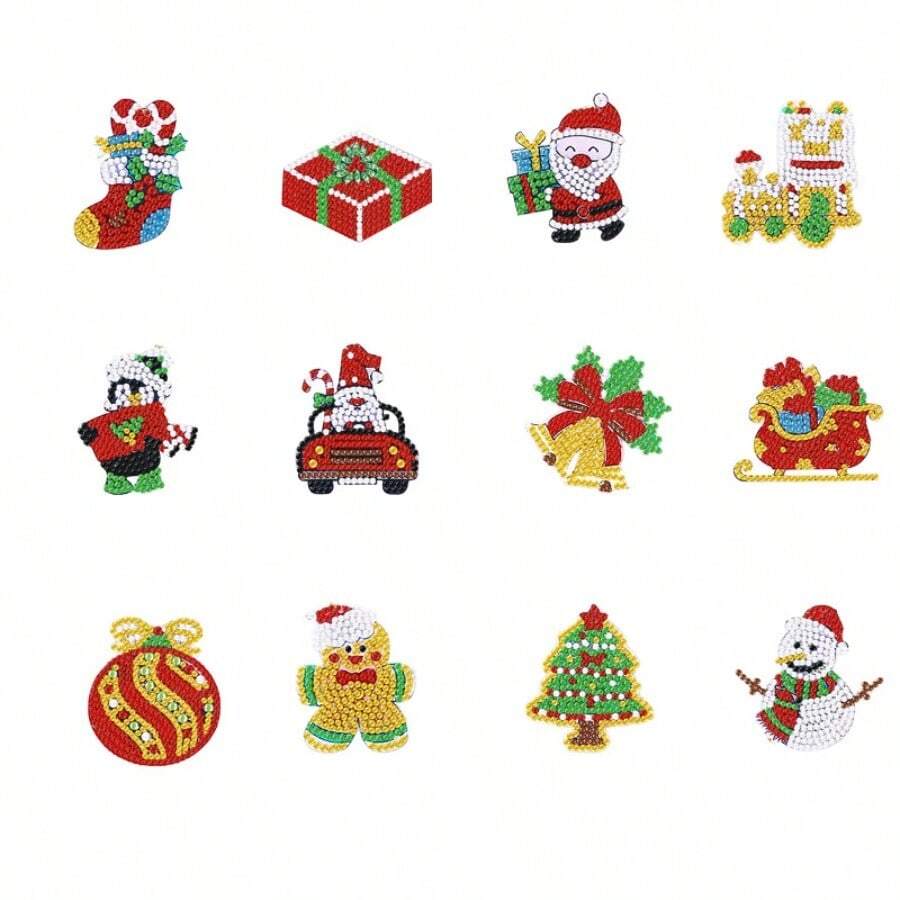 Móc khóa tranh kim cương chủ đề Giáng sinh 12 chiếc, đồ thủ công khảm, bộ tranh kim cương bán thành phẩm thủ công, đồ trang trí ngày lễ, nghệ thuật 5D, đồ tự làm cho người mới bắt đầu, tô số, dễ sử dụng - Nhiều màu - Xem 1