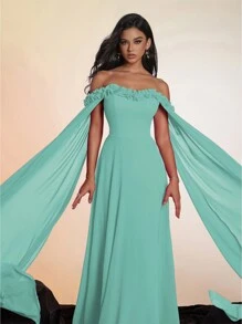 Smilprince Elegant Off-The-Shoulder Layered Ruffle Cape Satin Long Gown For Women, Formal Evening Dress For Prom, And Events,Women Prom Dresses,Party Wear, Bridesmaid Dress - 淺藍色 - 查看 8