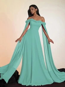 Smilprince Elegant Off-The-Shoulder Layered Ruffle Cape Satin Long Gown For Women, Formal Evening Dress For Prom, And Events,Women Prom Dresses,Party Wear, Bridesmaid Dress - 淺藍色 - 查看 6