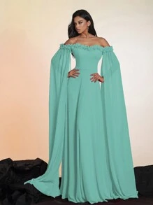 Smilprince Elegant Off-The-Shoulder Layered Ruffle Cape Satin Long Gown For Women, Formal Evening Dress For Prom, And Events,Women Prom Dresses,Party Wear, Bridesmaid Dress - 淺藍色 - 查看 9