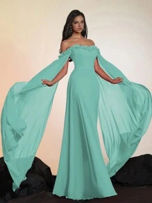 Smilprince Elegant Off-The-Shoulder Layered Ruffle Cape Satin Long Gown For Women, Formal Evening Dress For Prom, And Events,Women Prom Dresses,Party Wear, Bridesmaid Dress - 淺藍色 - 查看 3