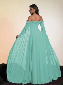 Smilprince Elegant Off-The-Shoulder Layered Ruffle Cape Satin Long Gown For Women, Formal Evening Dress For Prom, And Events,Women Prom Dresses,Party Wear, Bridesmaid Dress - 淺藍色 - 查看 2