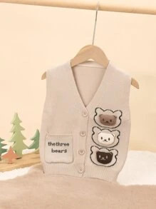 1pc Young Boy Apricot Knit Vest/Cardigan With Bear Pattern, Outerwear For Autumn