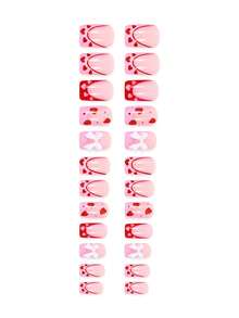 24 件短方形自粘按压指甲，草莓、心形和蝴蝶结设计，完美贴合女性美甲，迷人礼物 - 彩色 - 查看 4