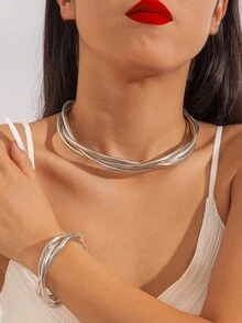 imoli 2pcs Set Vintage Chic Iron Triple-Line Coiled Spring Metal Punk Rock Luxe Hiphop Chunky Jewelry Necklace And Bracelet Set For Women, Party Gift - Multicolor - View 3