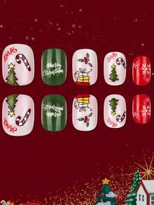 24 件装，短款圣诞按压指甲，红色绿色圣诞装饰美甲礼物，适合女性和女孩，圣诞老人松树烟花图案设计假指甲，可爱彩色块指甲 - 紅白色 - 查看 2