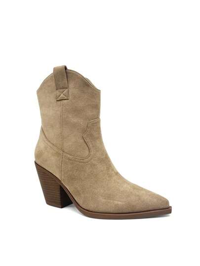 RevReaL Women's Suede Western Ankle Boots With Block Heel – Available In Black, Beige, And Khaki