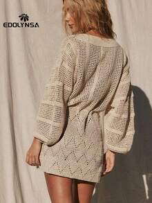 Sexy Deep V-Neck Lace-Up Bell Sleeve Knit Mesh Hollow Out Beach Mini Dress Swimsuit Cover Up Women Summer Casual Tunic
