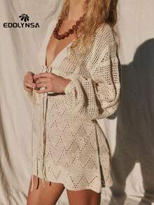 Sexy Deep V-Neck Lace-Up Bell Sleeve Knit Mesh Hollow Out Beach Mini Dress Swimsuit Cover Up Women Summer Casual Tunic