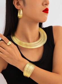 imoli 5pcs/Set Vintage Punk Style Geometric Exaggerate Open Hoop Multilayer Minimal Design Chunky Jewelry Necklace Bracelet Earring Ring Set, Women Party Gift