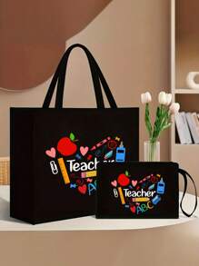 1 件/2 件教师感谢礼品套装 - 大容量时尚手提包，印有“教师”字样，黑色亚麻零钱包，化妆包，带衬里，无封口 - 非常适合教育工作者和学校工作人员，教师感谢礼物，时尚休闲配饰，适合外出、度假、日常通勤 - 黑色 - 查看 2