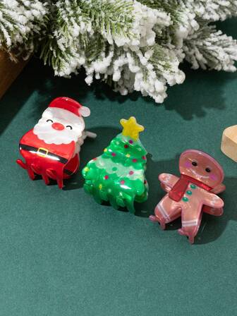 3pcs Christmas Santa Claus, Gingerbread Man, Christmas Tree Hair Clips, Elegant Acrylic Hair Claw Clips For Christmas Winter Hair Accessories