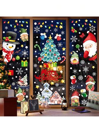 9 Sheets Merry Christmas Window Clings - ,Santa Claus, Snowman, Gnome, Tree, House & Colorful Lights Stickers | Reusable Static Cling PVC Decals For Glass & Refrigerator | Art Deco Cartoon Style | Semi-Glossy Finish - Home Office Party Decoration Supplies