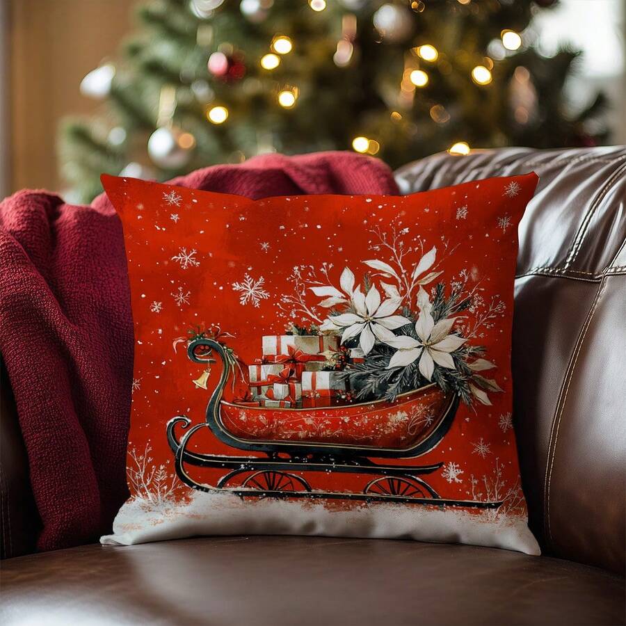 1 Vỏ gối hình xe trượt tuyết Giáng sinh màu đỏ, Chất liệu nhung đào mềm mại một mặt, Vỏ gối 45*45CM/18*18 inch cho ghế sofa vải hiện đại trang trí trong nhà, trang trí tiệc, quà tặng - Nhiều màu - Xem 1