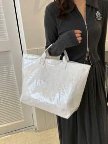 Large Capacity Fashion Transparent Jelly Bag PVC Waterproof Shopping Bag, Korean Neutral Style Handbag, INS Fashionable Retro Casual Street Handbag, Japanese Slouchy Bag, Suitable For High School And College Students For School, Fitness/Yoga/Travel Or As A Mommy Bag, Letter Print Minimalist Celebrity Style Pleated Texture High-End Multi-Layer Paper Handbag