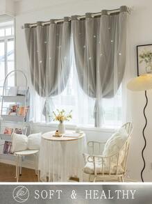 2pcs/Set Panel Curtains - Beige Solid Curtains With Laser Cut Star Holes To Darken Room, Suitable For Bedroom, Decor Home Curtain For Girls Room, Living Room