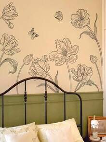 1PC家居个性黑白素描大号素花简约背景装饰墙贴家用卧室客厅自粘墙贴批发PVC - 彩色 - 查看 4