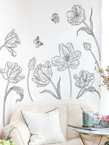 1PC家居个性黑白素描大号素花简约背景装饰墙贴家用卧室客厅自粘墙贴批发PVC - 彩色 - 查看 6