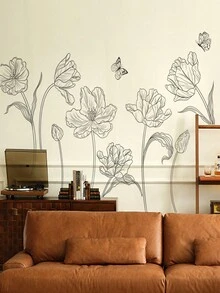 1PC家居个性黑白素描大号素花简约背景装饰墙贴家用卧室客厅自粘墙贴批发PVC - 彩色 - 查看 2