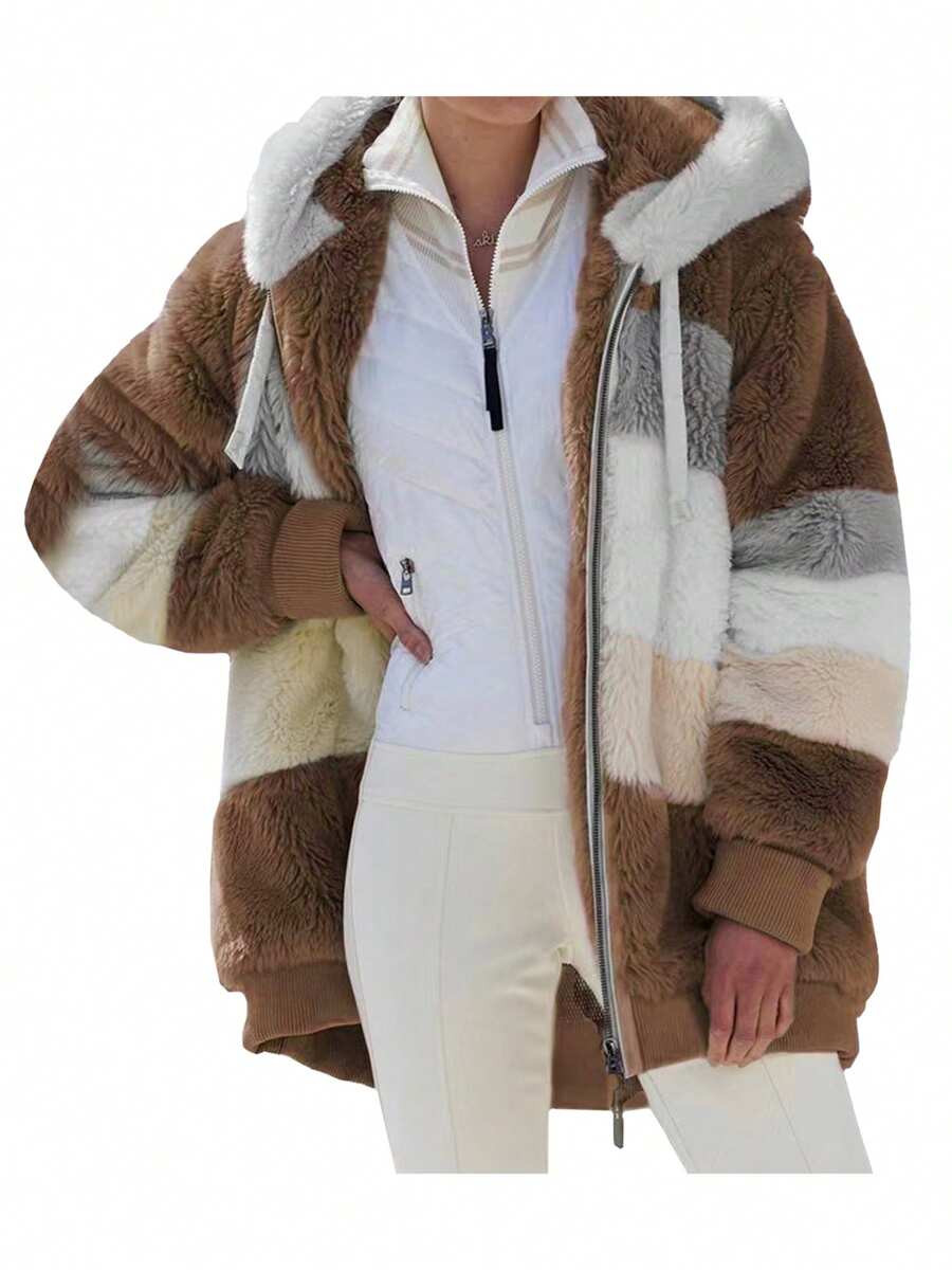 Women Thermal Coat, Variegated Color Zipper Open Front Oversize Overcoat In 8 Colors - Khaki - View 1