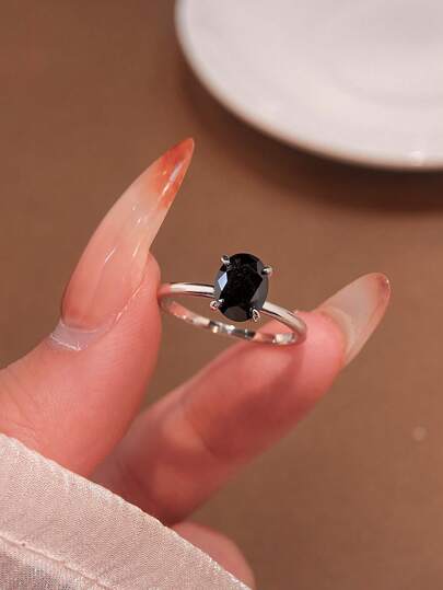 1pc Simple 925 Sterling Silver Ring With Black Cubic Zirconia For Women Fine Ladies Jewelry Gift Women's Fashion Accessories For Everyday Wear