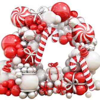 106 件圣诞主题气球拱门花环套件，红银珍珠白气球配风车，金属丝银红气球，圣诞装饰