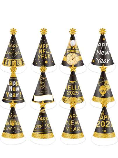 1/6pcs New Year 2025 Celebration Party Hat, Fireworks & Balloon Design