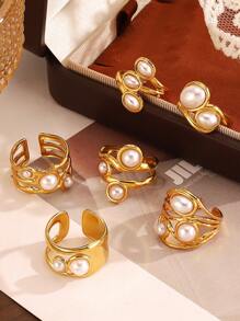 1pc High-End Luxury Pearl Inlaid Stainless Steel Open Ring, Fashion Retro Design, Suitable For Women's Ball & Party Wear - Yellow Gold - View 2