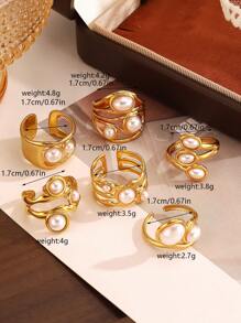 1pc High-End Luxury Pearl Inlaid Stainless Steel Open Ring, Fashion Retro Design, Suitable For Women's Ball & Party Wear - Yellow Gold - View 4