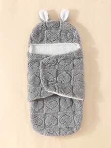 1 件新生儿兔耳朵双层毛绒襁褓毯爱心情人节 - 灰色 - 查看 1