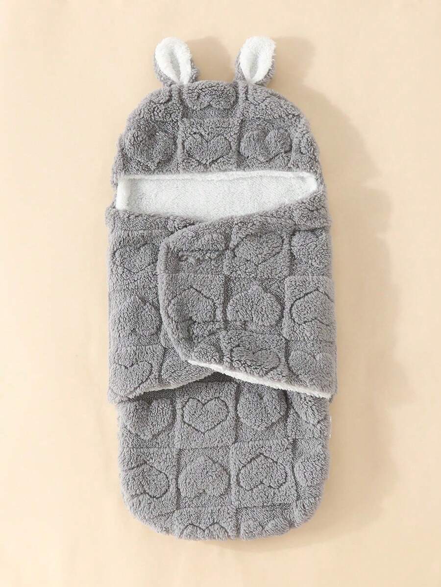 1 件新生儿兔耳朵双层毛绒襁褓毯爱心情人节 - 灰色 - 查看 1