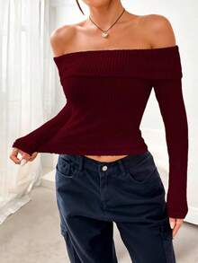 Off The Shoulder Long Sleeve Blouse - Maroon - View 2