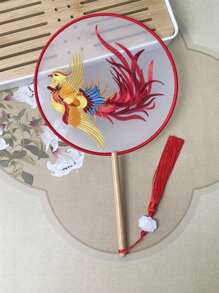 1 Stück vintage Handventilator, chinesischer runder Fächer mit Seide-Stickerei, Kranich-Blumen Heim- und Raumdekoration, Tanzfächer mit Quasten, Party-Requisiten, Weihnachts-, Valentinstags- und Neujahrgeschenk