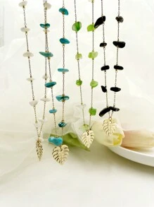 1pc French Style Stainless Steel Multicolor Stone & Small Leaf Pendant Necklace, Suitable For Women's Daily Wear, Dating, Gift, Festival, Party, Gathering - Yellow Gold - View 8