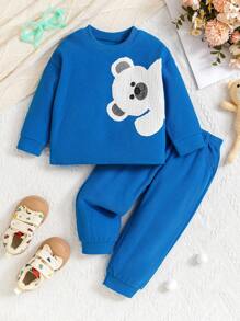 2 件套男婴服装，2024 年新款街头风格卡通印花长袖上衣和裤子休闲套装，秋季/春季 - 藍色 - 查看 1