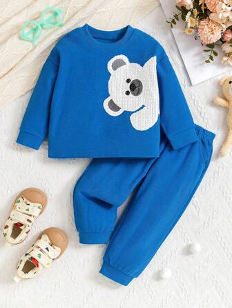 2 件套男婴服装，2024 年新款街头风格卡通印花长袖上衣和裤子休闲套装，秋季/春季