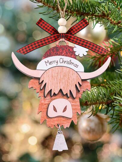 1pc, Merry Highland Cow With Santa Hat Ornaments, Christmas Farmhouse Rustic Ornaments, 2 Layer Wooden Ornament, Tree Hanging Decoration, Home Ornament, Party Holiday Decoration, Cow Lovers Gifts,Home Decor ,Room Decor,Wall Decor Christmas Decorations